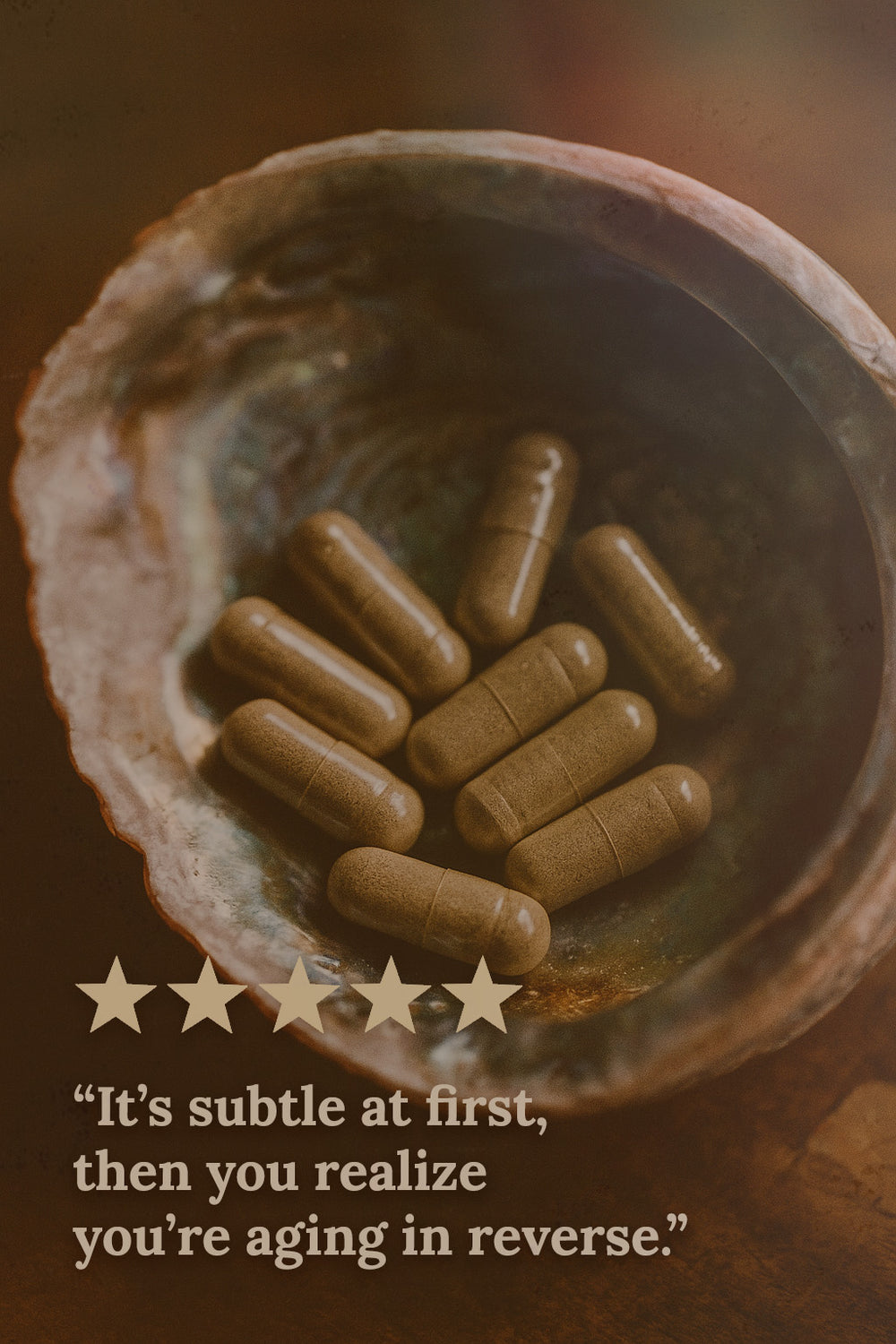 A shell dish filled with brown herbal supplement capsules from Miracle of the Sea, arranged aesthetically to convey natural wellness support.