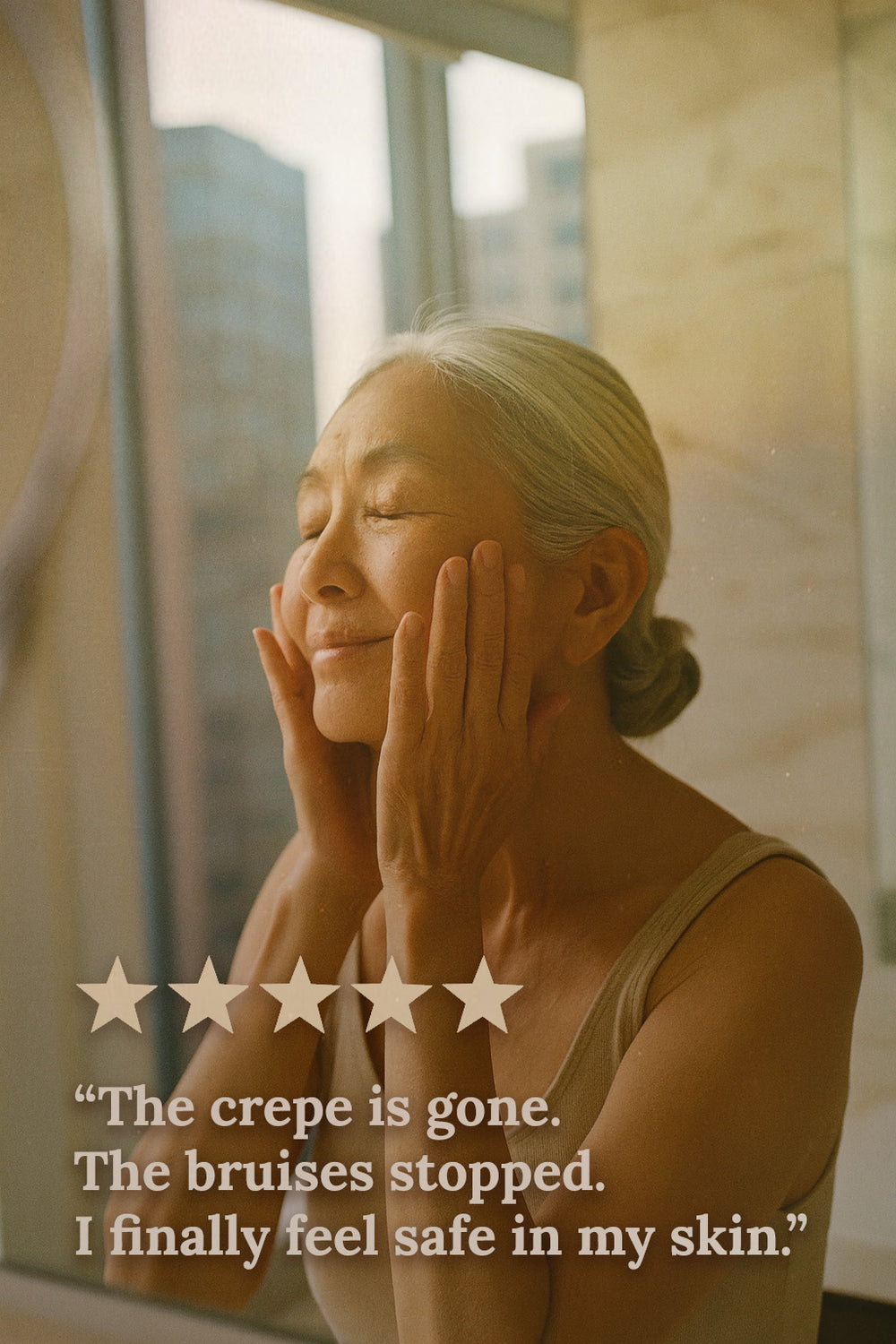 An older woman smiling with eyes closed, gently holding her face after applying Miracle of the Sea skincare, evoking comfort, hydration, and skin confidence.