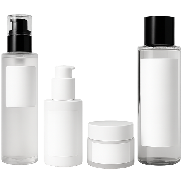 A row of unbranded, monochrome skincare bottles and jars with blank labels, used to compare generic products with Miracle of the Sea’s distinct marine-based formulations.