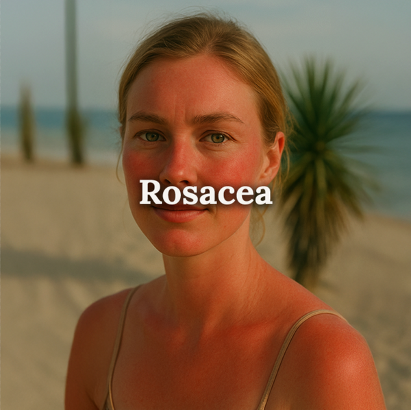 Fair-skinned woman with natural facial redness standing on a beach, symbolizing sensitive skin and redness-prone conditions with text reading ‘Rosacea'.