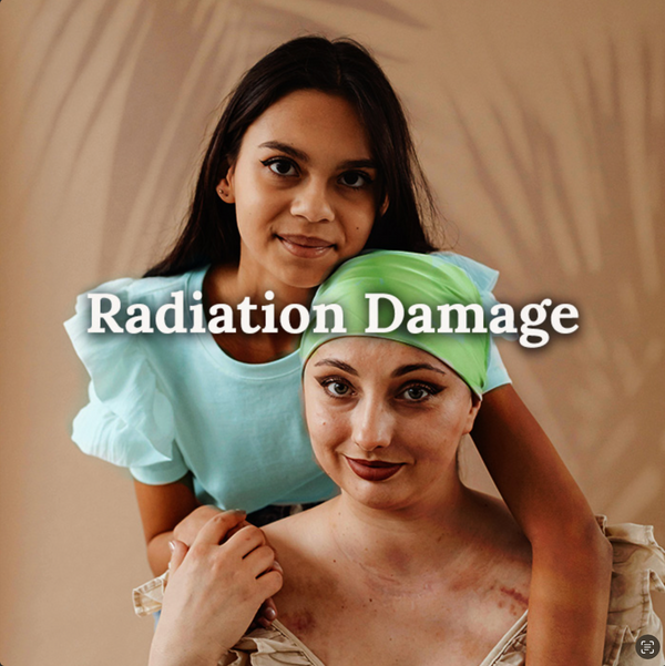 A woman with visible skin damage and a green headscarf, supported by a younger girl, representing care and potential support for radiation-exposed skin with text reading ‘Radiation Damage'.