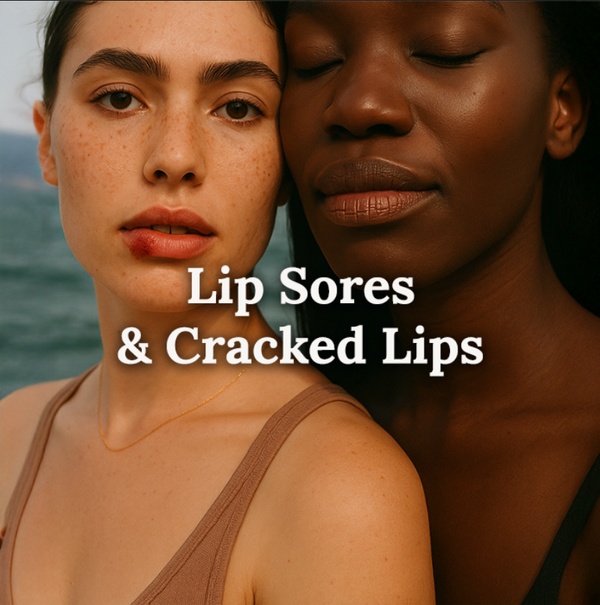 Two women close together, one showing visibly dry or irritated lips, highlighting the need for gentle, natural lip care and hydration with text reading ‘Lip Sores & Cracked Lips'.