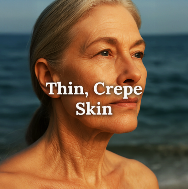 Mature woman with fine lines and crepe-like skin texture standing by the ocean, symbolizing aging skin support and hydration needs with text reading ‘Thin, Crepe Skin'.