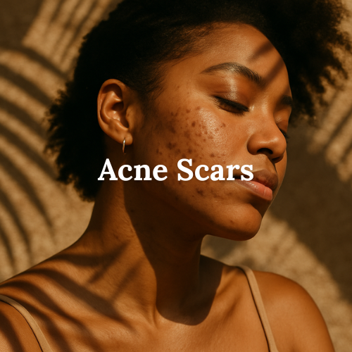 Woman with acne scars on her face against a warm-toned background